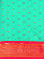 Double pallu paithani saree silk blend in sea green and pink with zari star butti - body fabric detail showing motif design for wedding wear