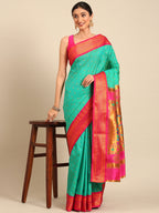 Double pallu paithani saree silk blend in sea green and pink with zari star butti - styled model view for wedding wear