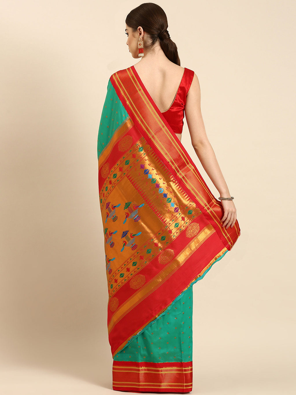 Double pallu paithani saree silk blend in sea green and red with zari star butti - back view showing pallu and border for wedding wear