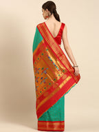 Double pallu paithani saree silk blend in sea green and red with zari star butti - back view showing pallu and border for wedding wear