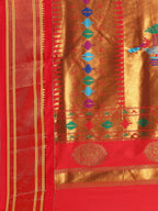 Double pallu paithani saree silk blend in sea green and red with zari star butti - pallu detail showing woven motif design for wedding wear