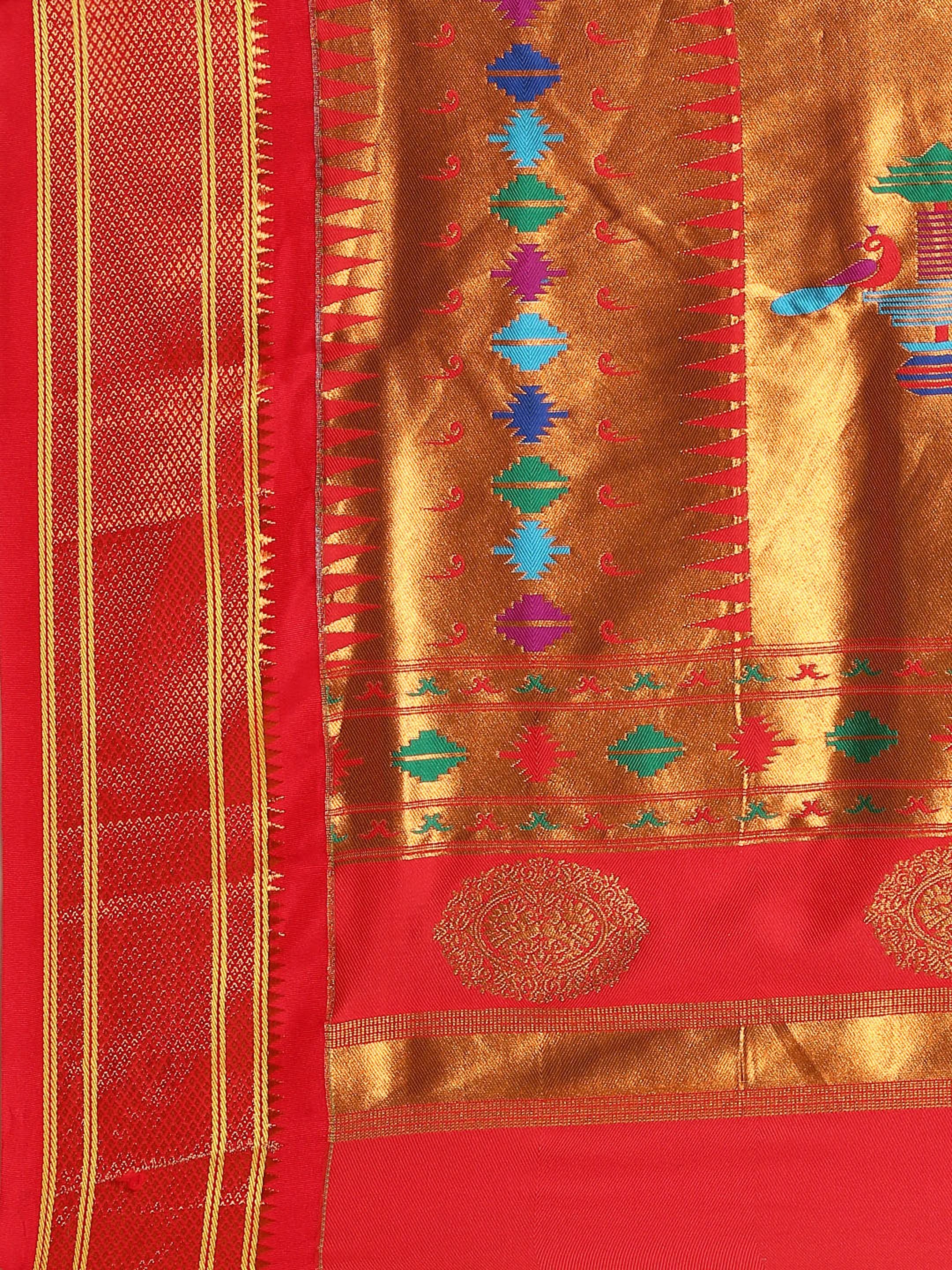 Double pallu paithani saree silk blend in sea green and red with zari star butti - pallu detail showing woven motif design for wedding wear