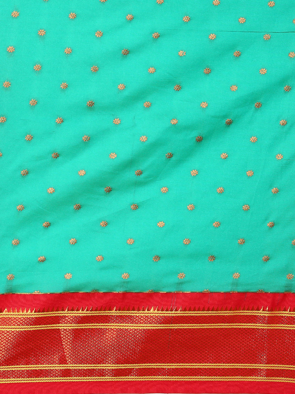 Double pallu paithani saree silk blend in sea green and red with zari star butti - body fabric detail showing motif design for wedding wear