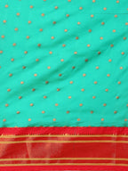 Double pallu paithani saree silk blend in sea green and red with zari star butti - body fabric detail showing motif design for wedding wear