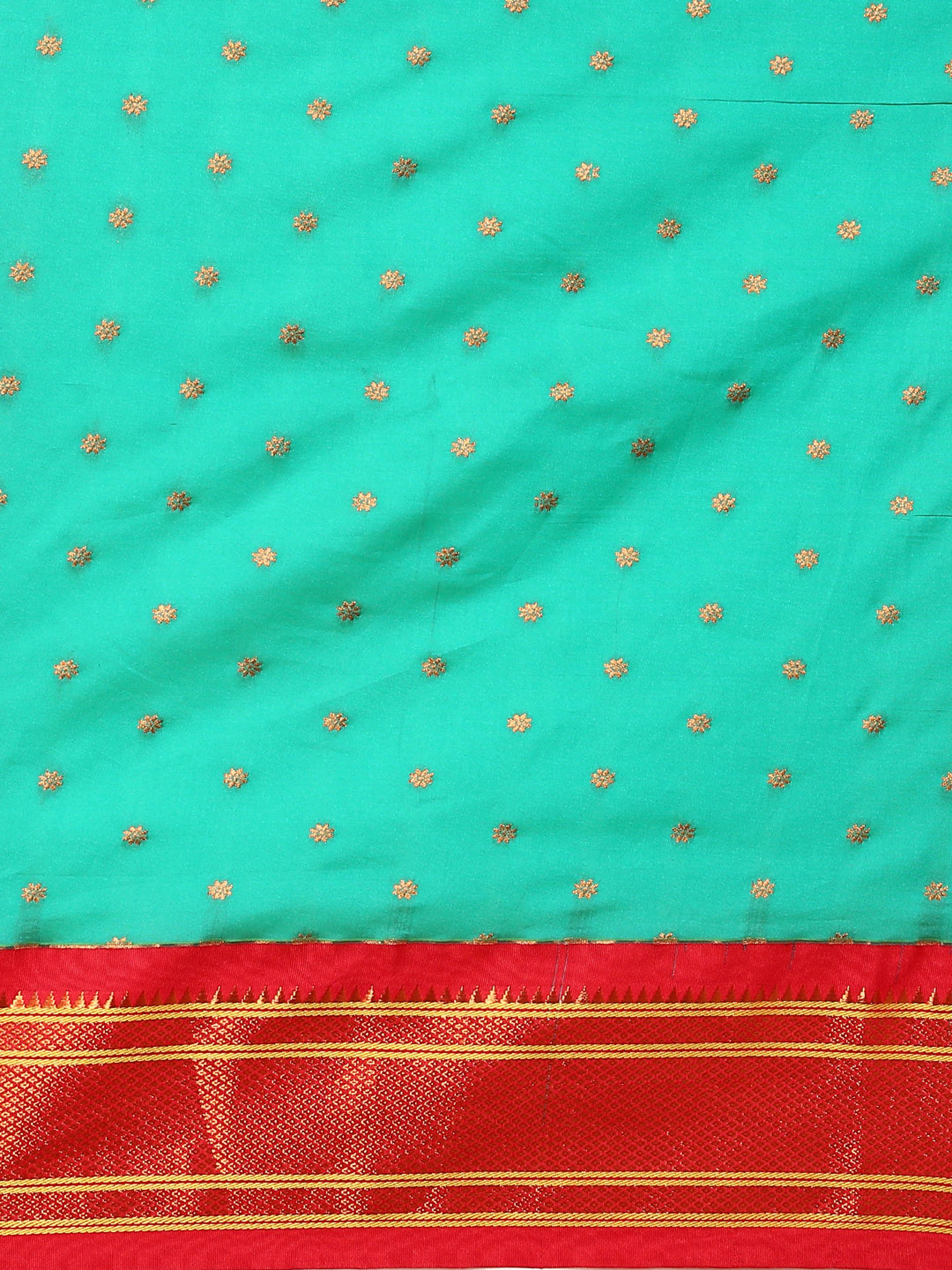 Double pallu paithani saree silk blend in sea green and red with zari star butti - body fabric detail showing motif design for wedding wear
