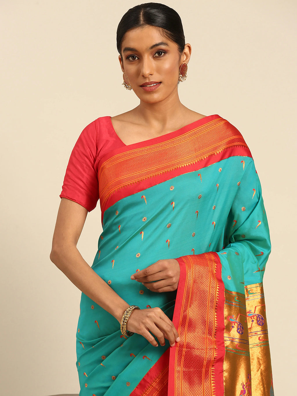 Silk Blend Muniya Paithani Saree – Muniya & Flower Meena Butti with Peacock & Muniya Pallu | Wedding Wear