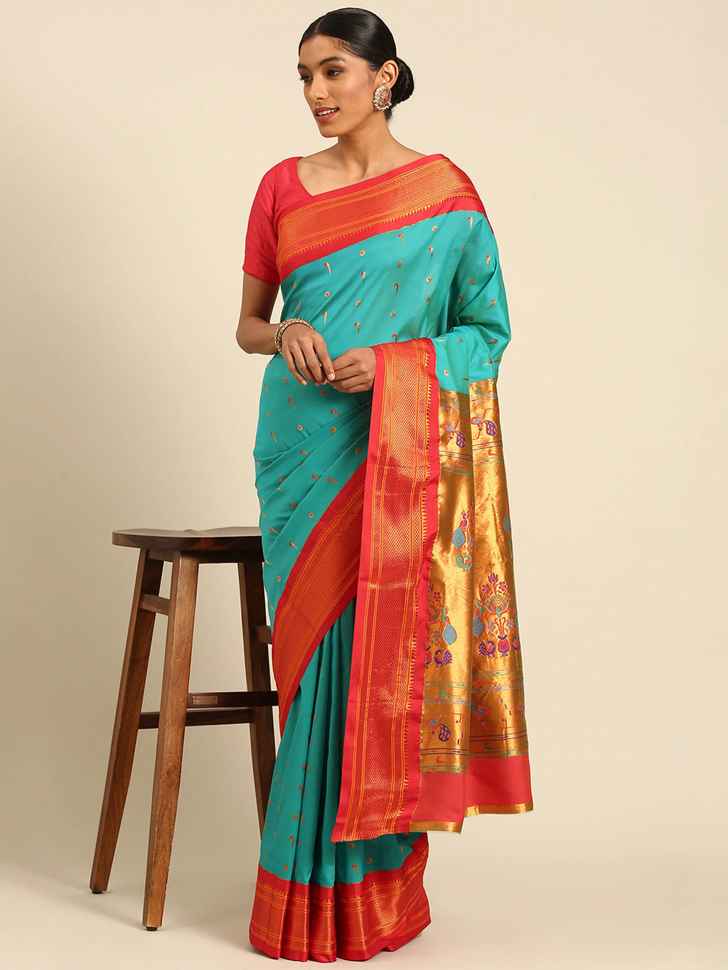Silk Blend Muniya Paithani Saree – Muniya & Flower Meena Butti with Peacock & Muniya Pallu | Wedding Wear