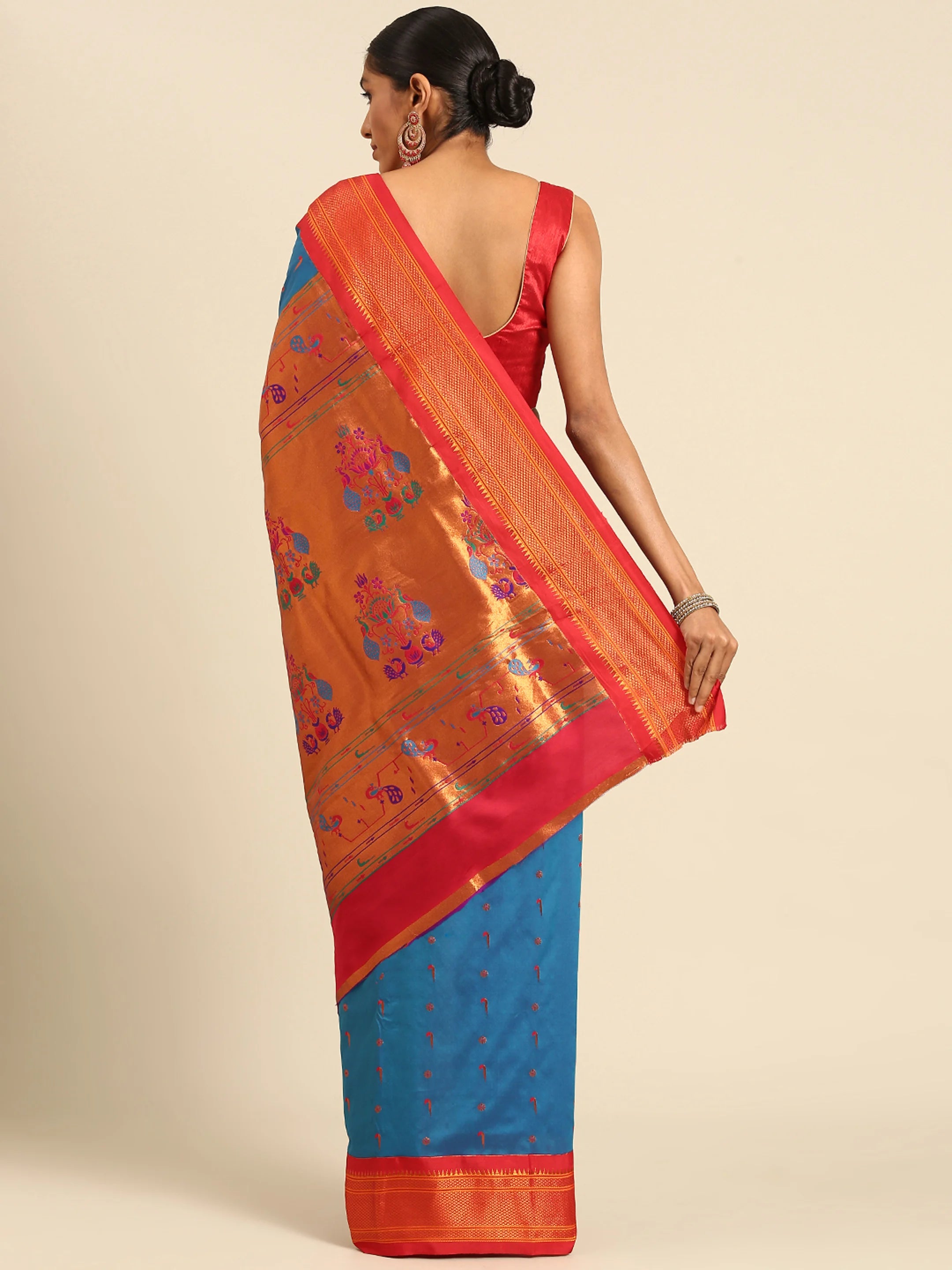 Silk Blend Muniya Paithani Saree – Muniya & Flower Meena Butti with Peacock & Muniya Pallu | Wedding Wear
