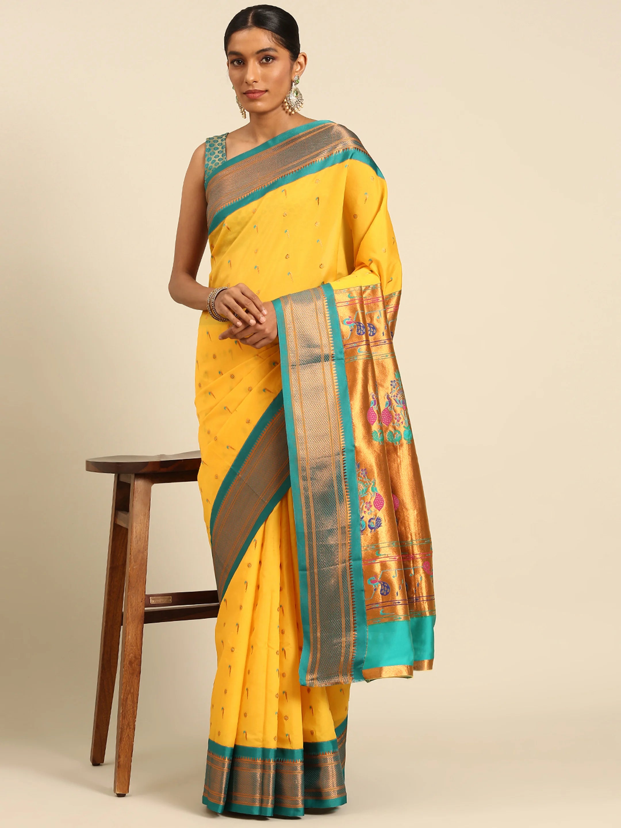 Silk Blend Muniya Paithani Saree – Muniya & Flower Meena Butti with Peacock & Muniya Pallu | Wedding Wear