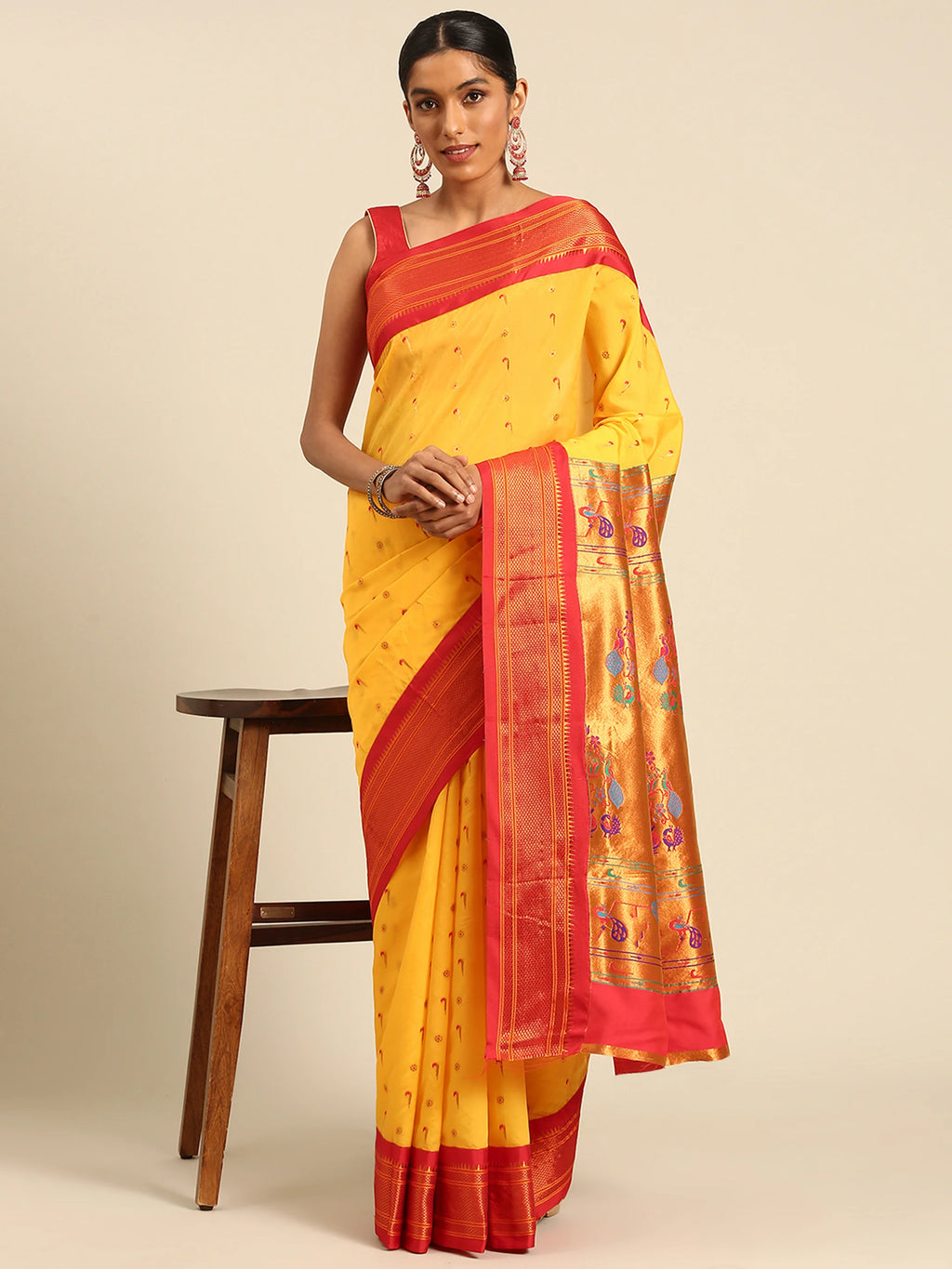Silk Blend Muniya Paithani Saree – Muniya & Flower Meena Butti with Peacock & Muniya Pallu | Wedding Wear
