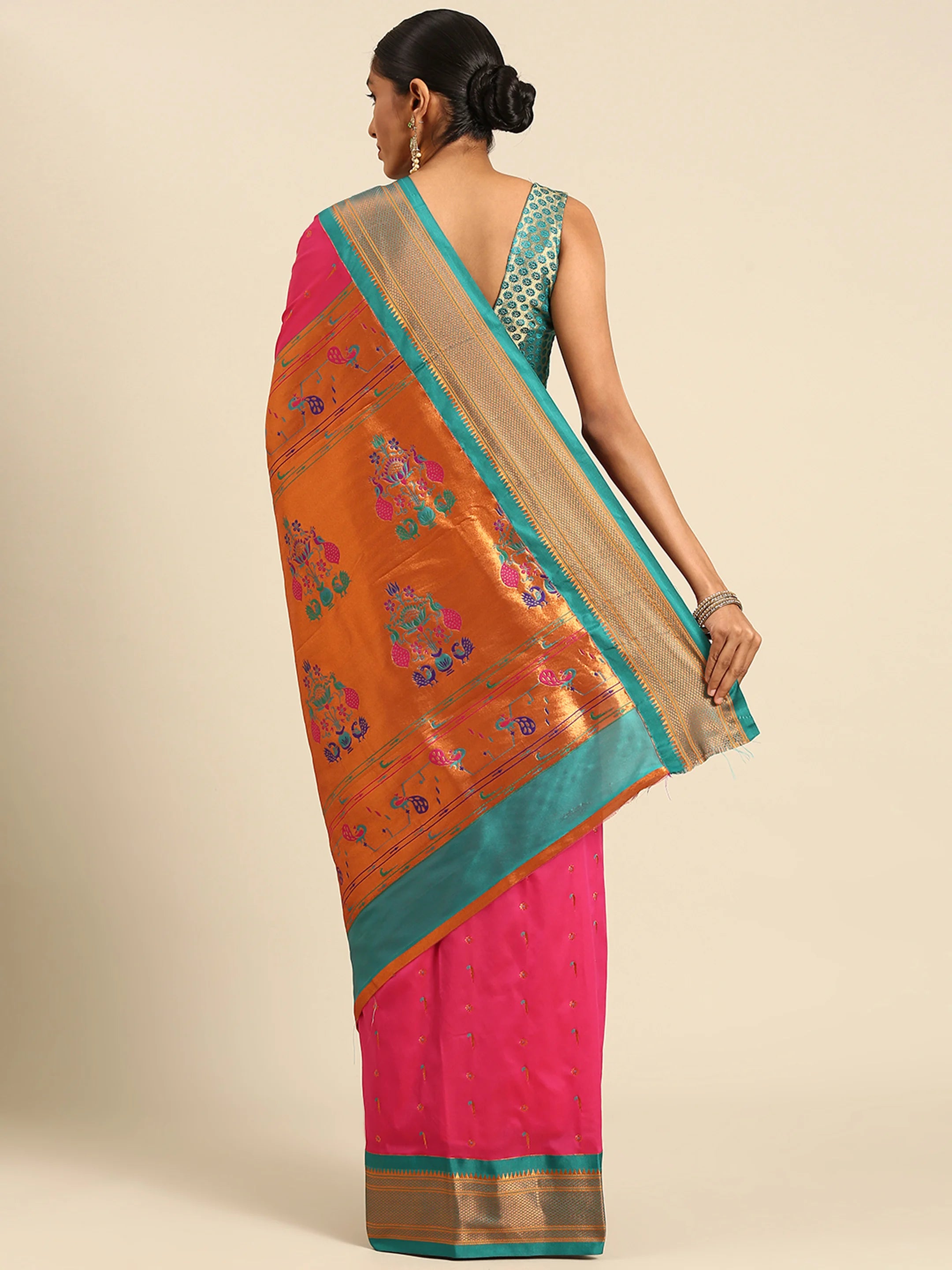Silk Blend Muniya Paithani Saree – Muniya & Flower Meena Butti with Peacock & Muniya Pallu | Wedding Wear