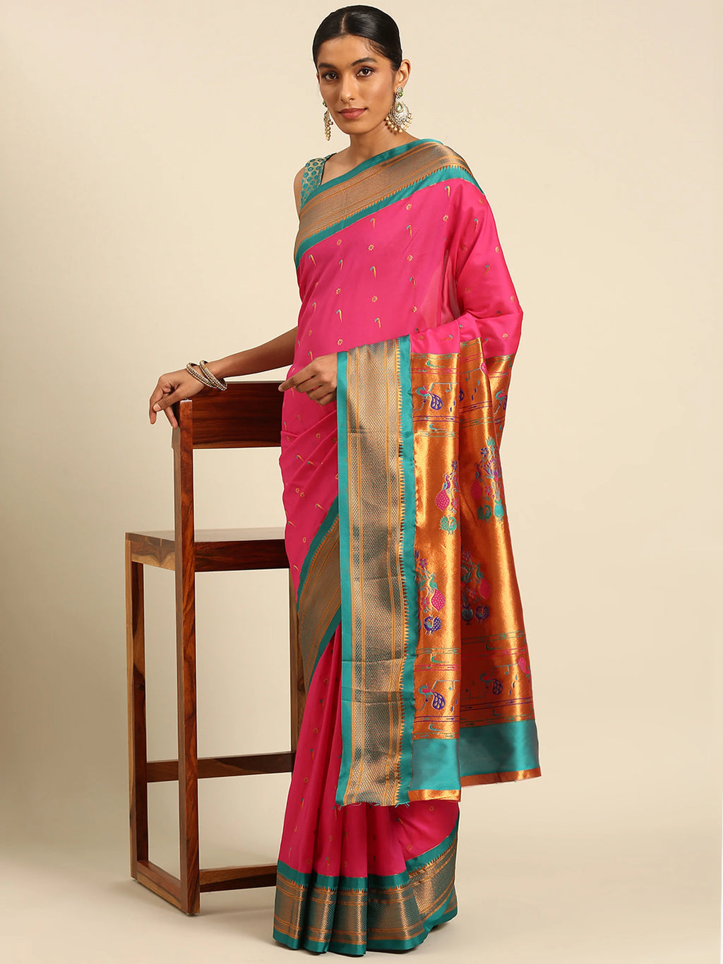 Silk Blend Muniya Paithani Saree – Muniya & Flower Meena Butti with Peacock & Muniya Pallu | Wedding Wear