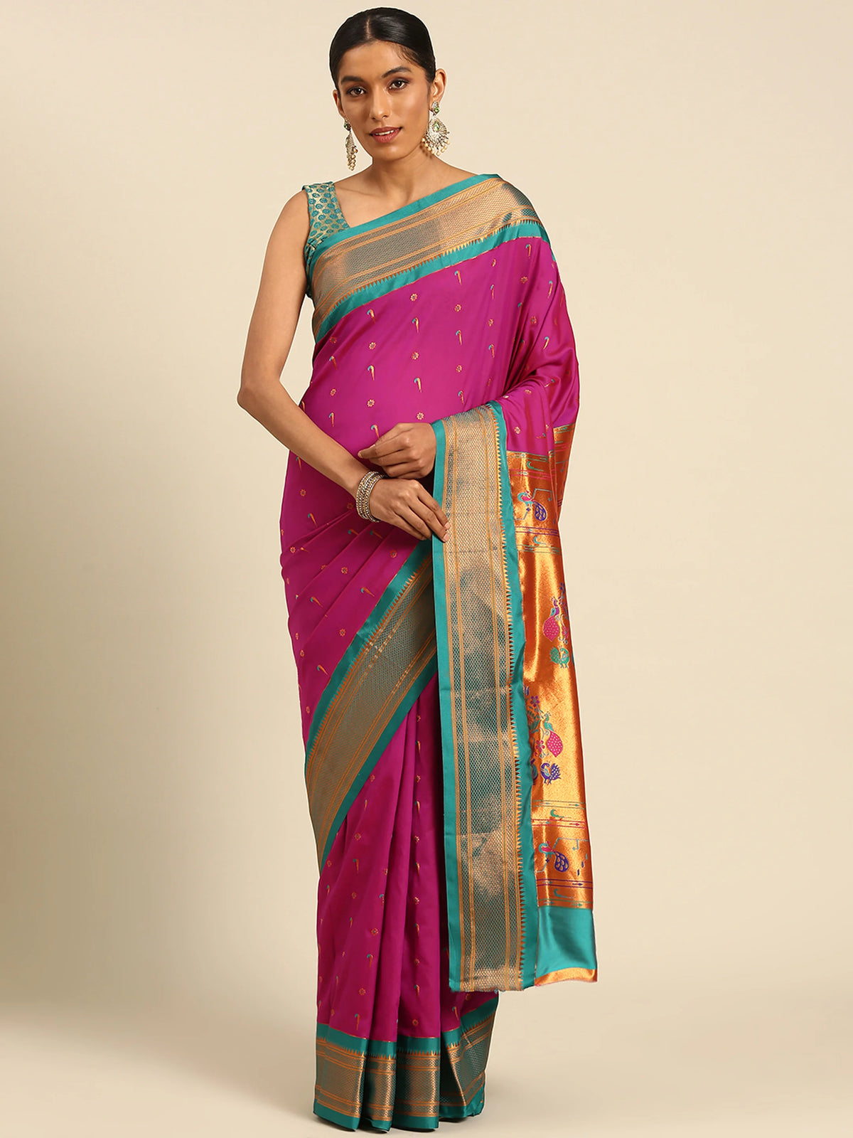 Muniya paithani saree soft silk in magenta rama with muniya and flower meena butti - front view for wedding wear