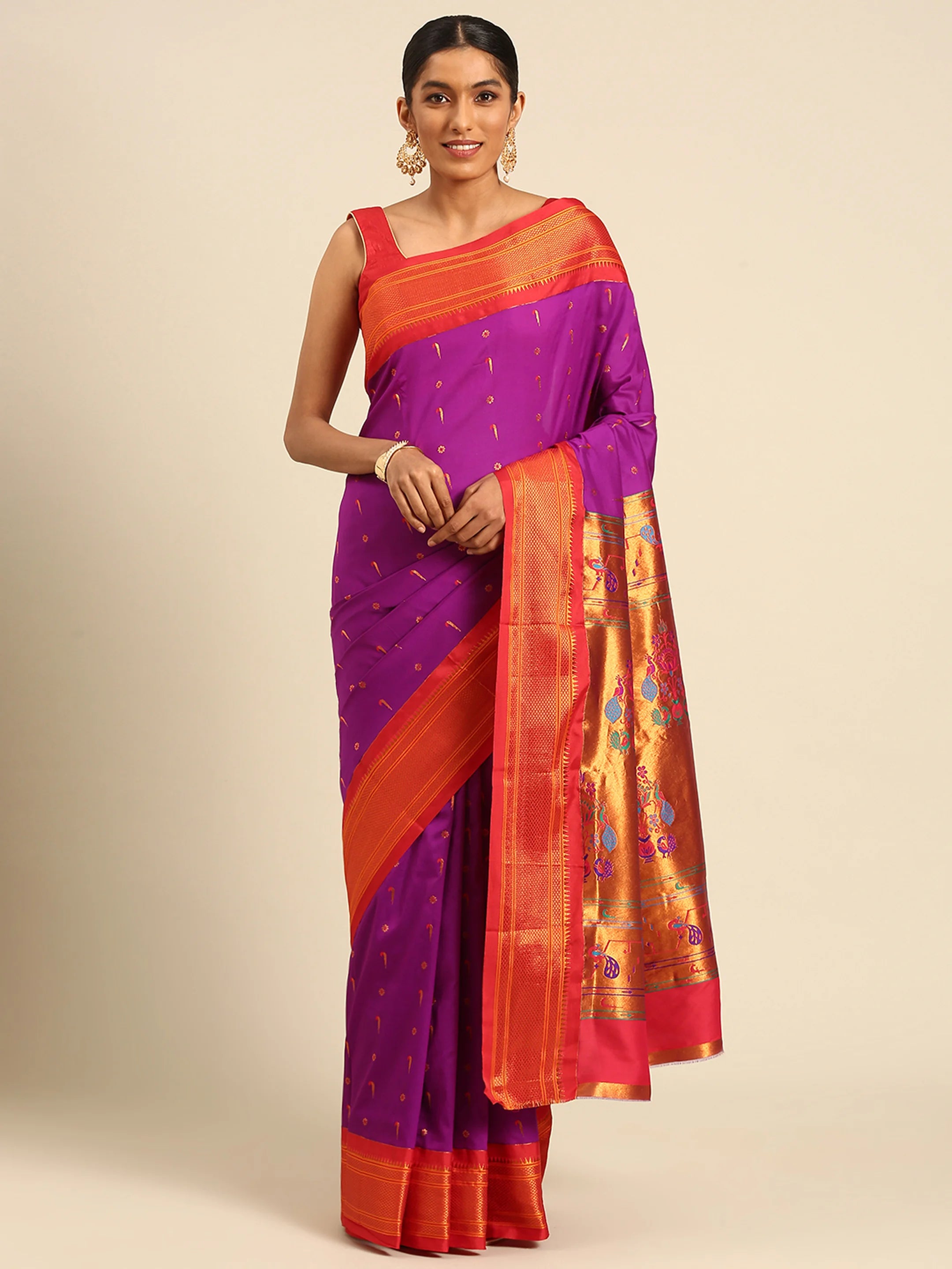 Silk Blend Muniya Paithani Saree – Muniya & Flower Meena Butti with Peacock & Muniya Pallu | Wedding Wear