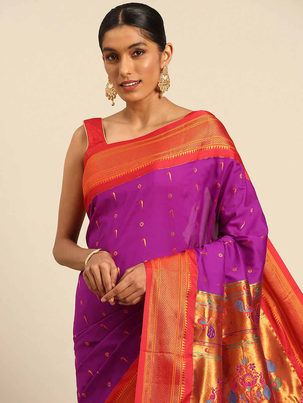 Silk Blend Muniya Paithani Saree – Muniya & Flower Meena Butti with Peacock & Muniya Pallu | Wedding Wear