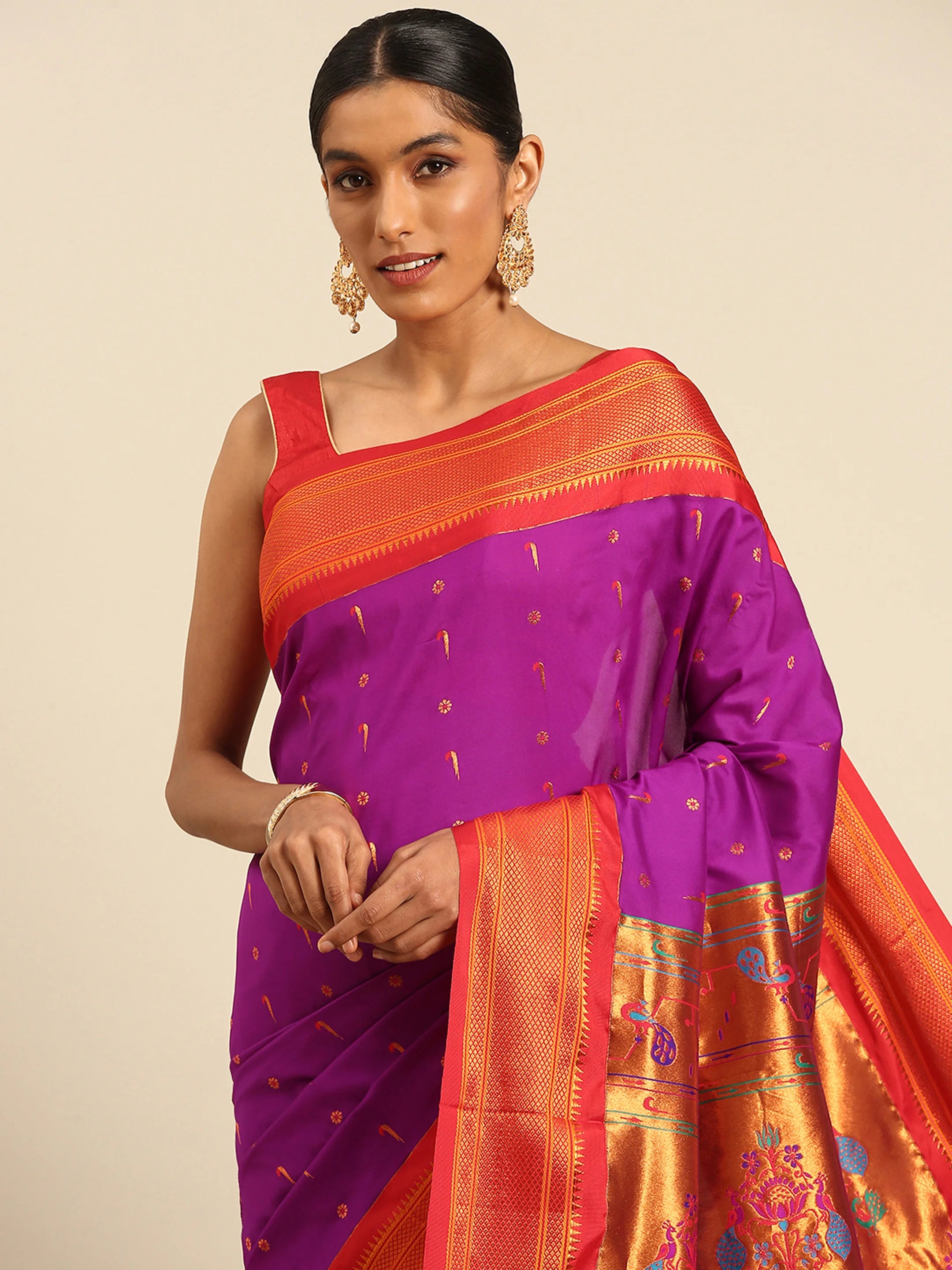 Silk Blend Muniya Paithani Saree – Muniya & Flower Meena Butti with Peacock & Muniya Pallu | Wedding Wear