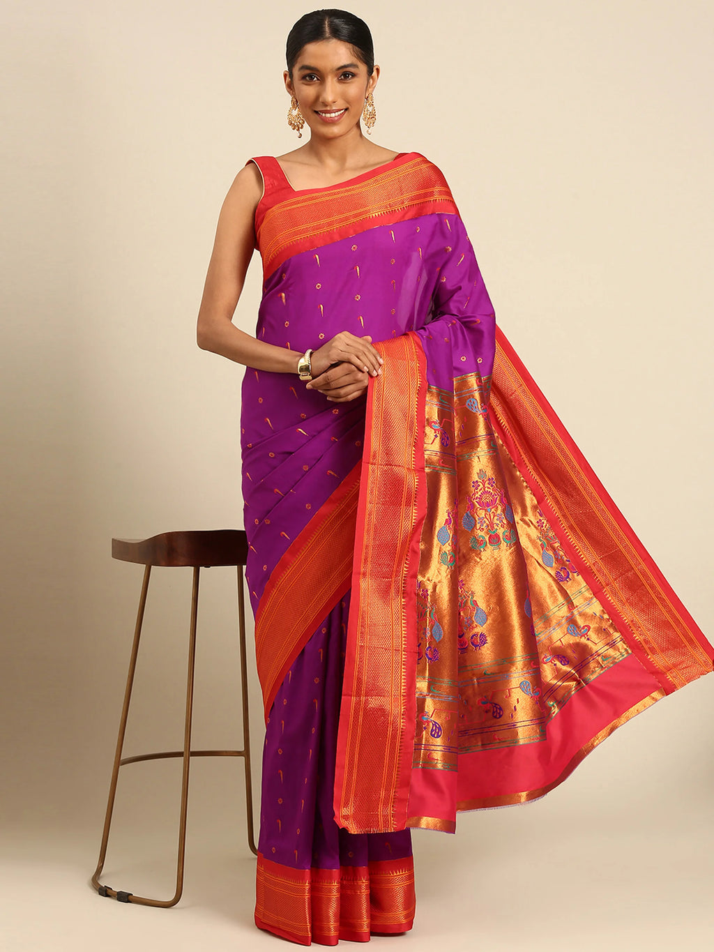 Silk Blend Muniya Paithani Saree – Muniya & Flower Meena Butti with Peacock & Muniya Pallu | Wedding Wear