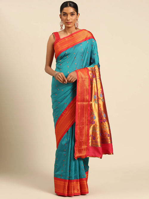 Silk Blend Muniya Paithani Saree – Muniya & Flower Meena Butti with Peacock & Muniya Pallu | Wedding Wear