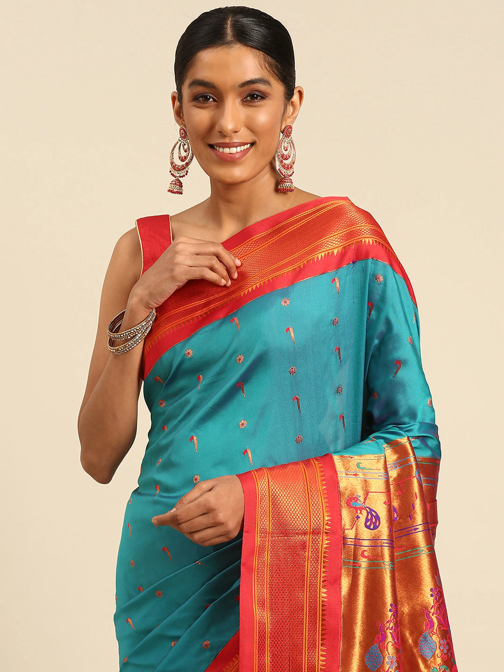 Silk Blend Muniya Paithani Saree – Muniya & Flower Meena Butti with Peacock & Muniya Pallu | Wedding Wear