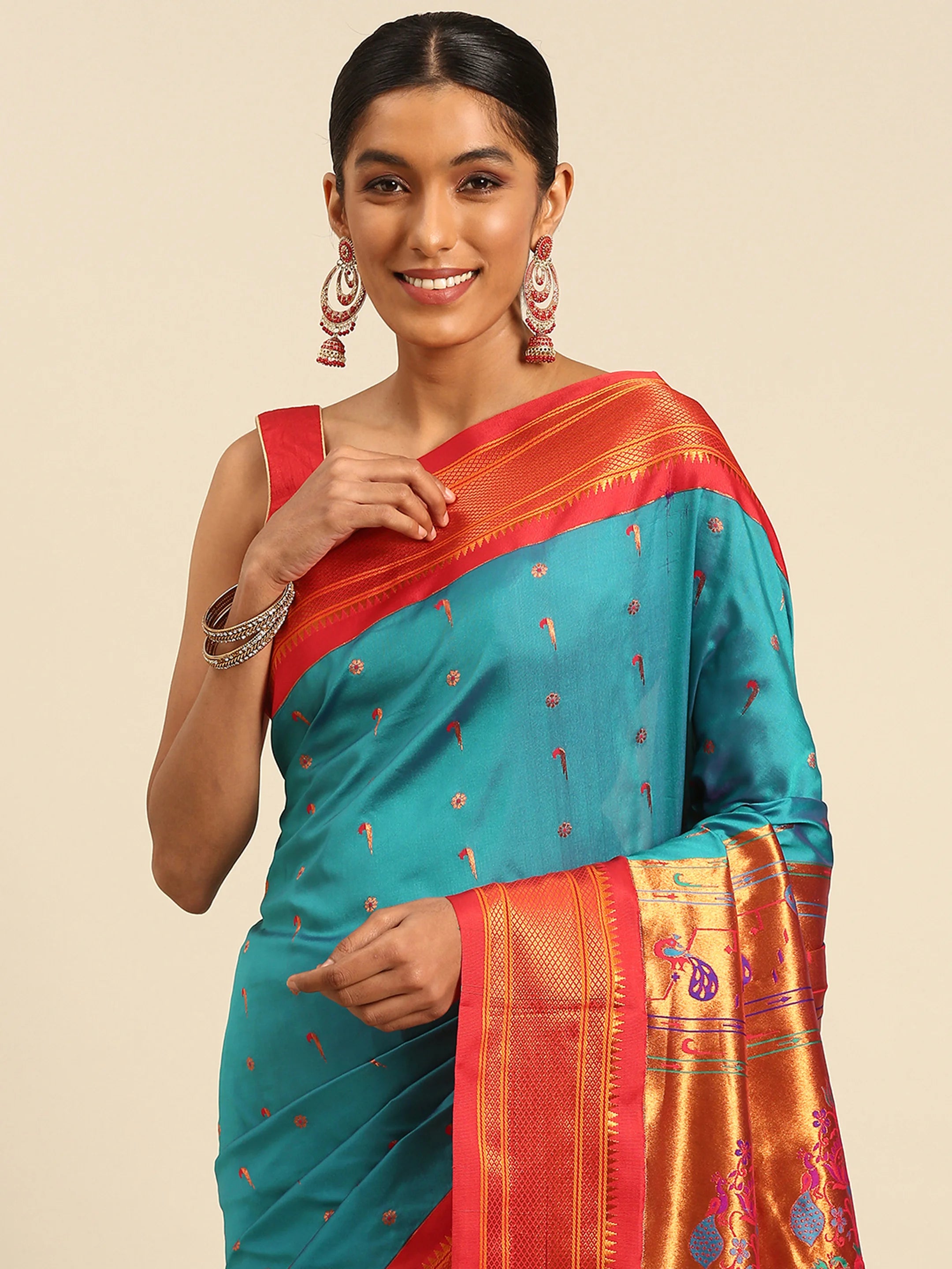 Silk Blend Muniya Paithani Saree – Muniya & Flower Meena Butti with Peacock & Muniya Pallu | Wedding Wear