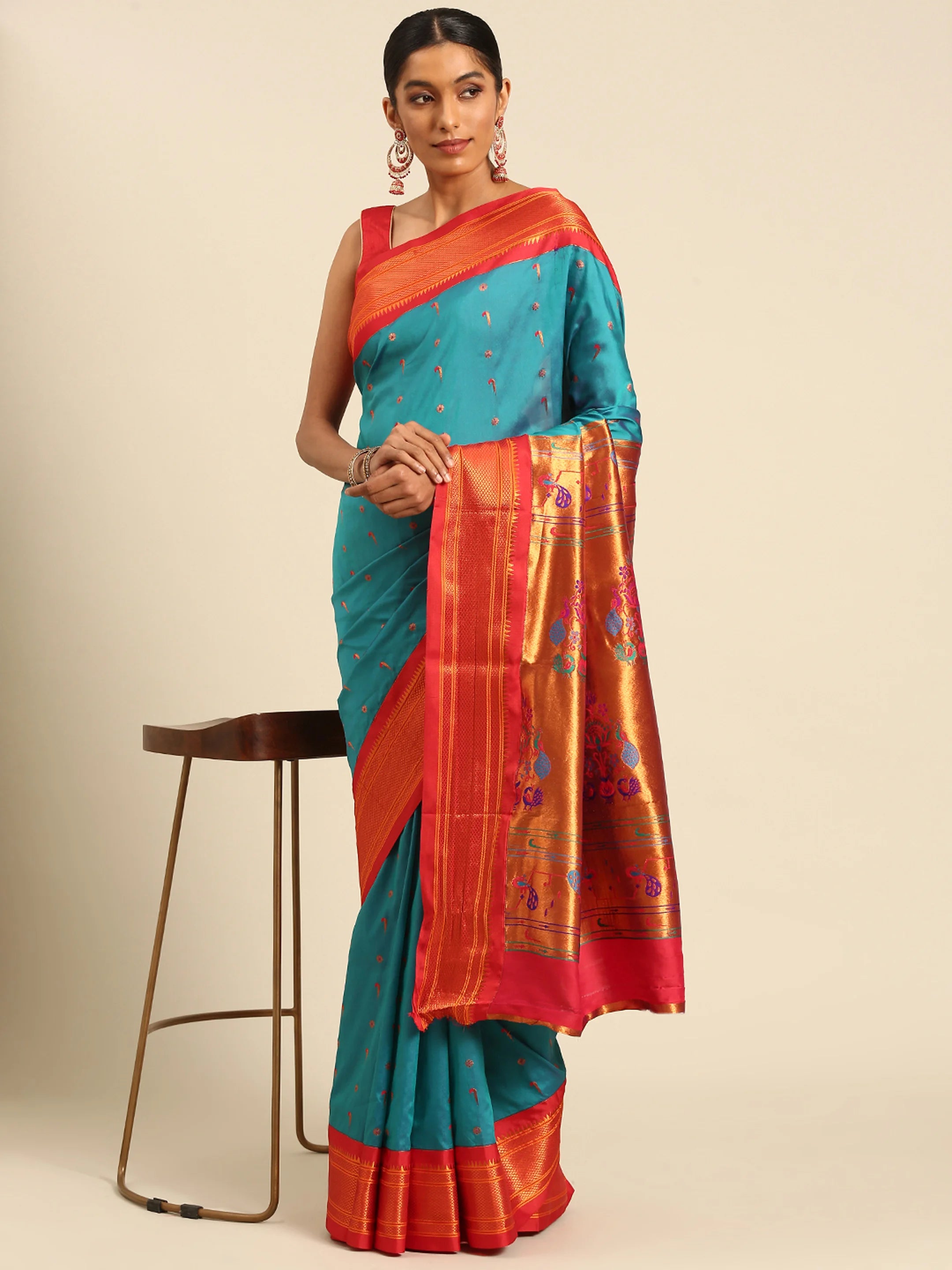 Silk Blend Muniya Paithani Saree – Muniya & Flower Meena Butti with Peacock & Muniya Pallu | Wedding Wear
