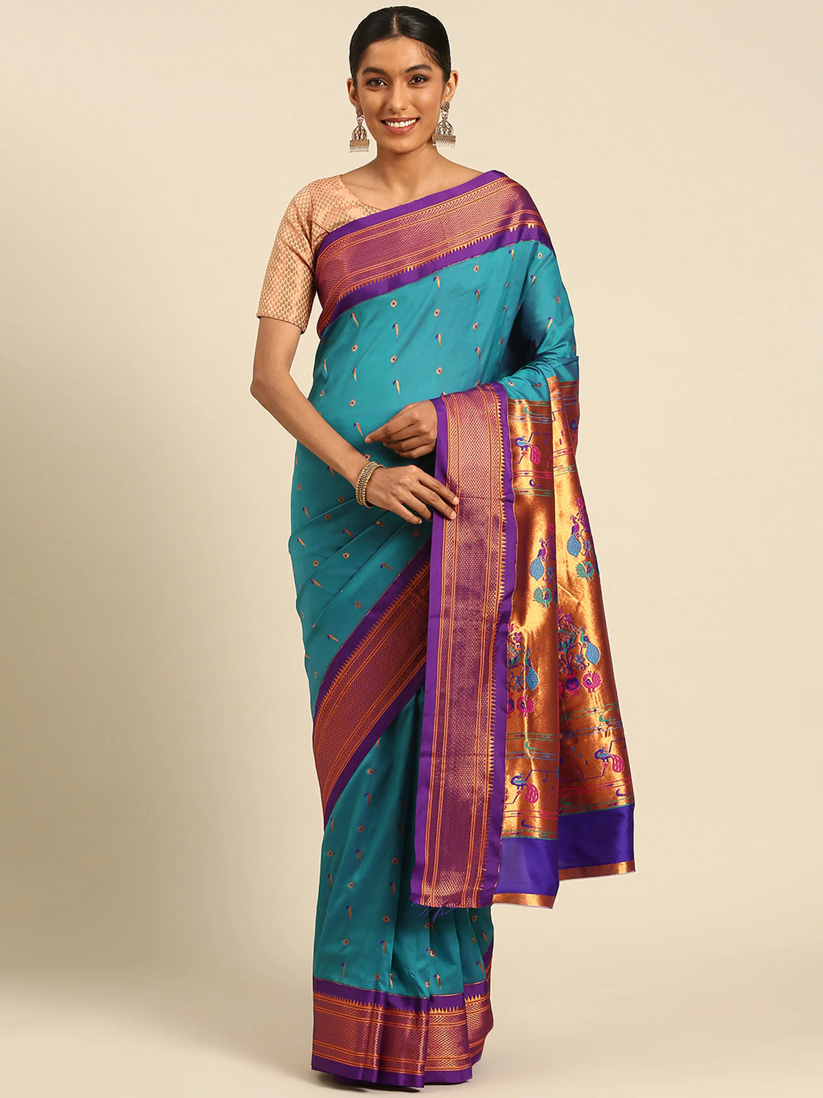 Muniya paithani saree soft silk in rama green violet with muniya and flower meena butti - front view for wedding wear