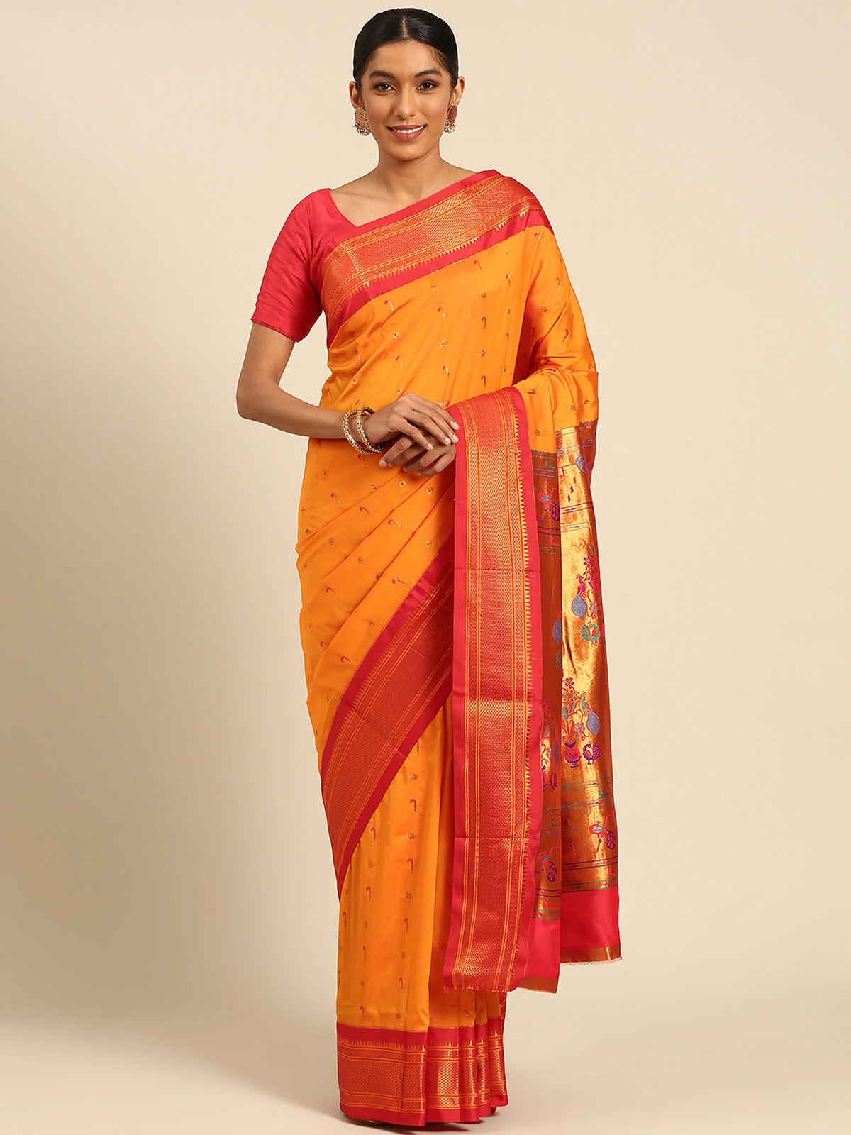 Muniya paithani saree soft silk in saffron red with muniya and flower meena butti - front view for wedding wear