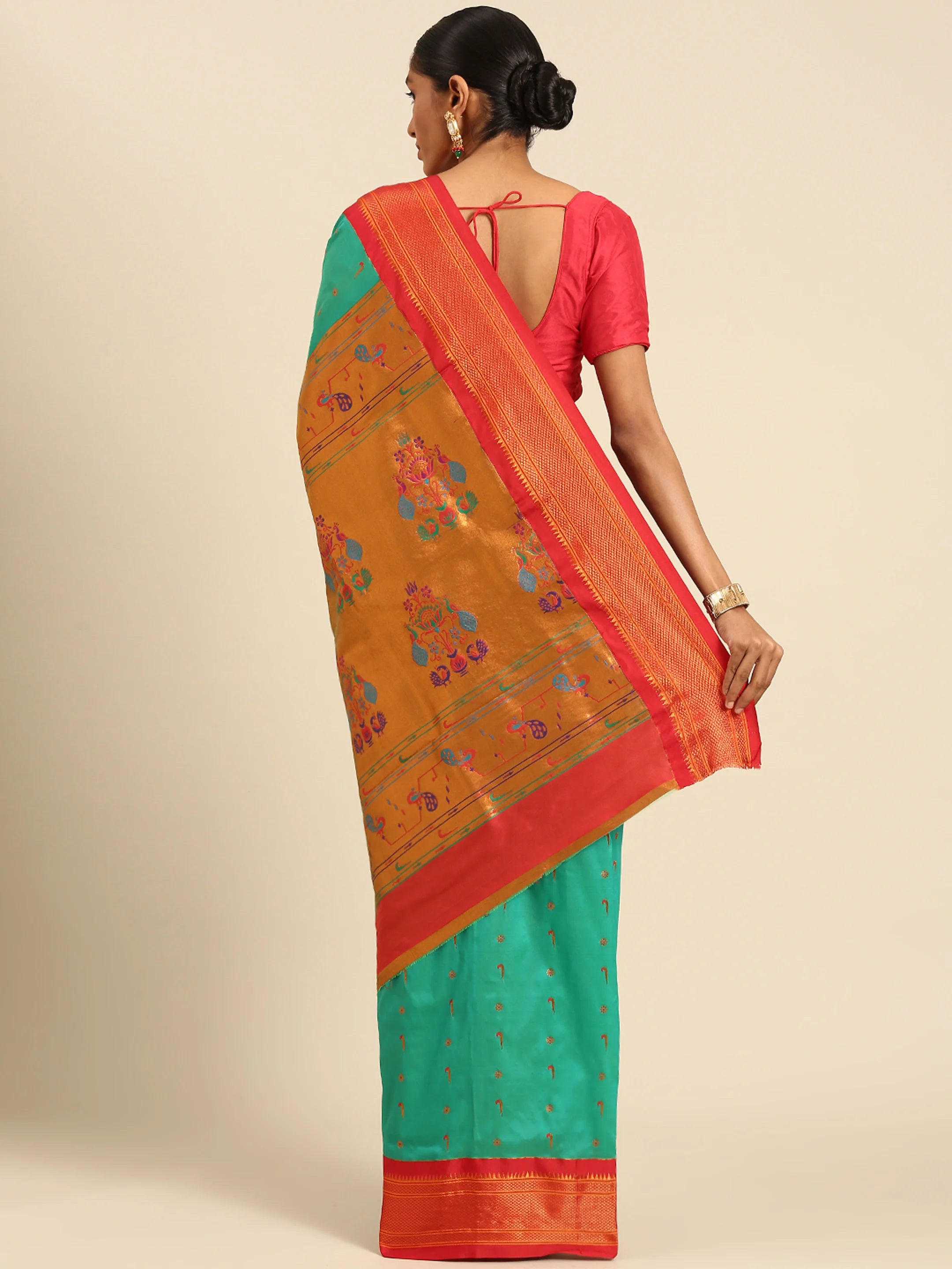 Silk Blend Muniya Paithani Saree – Muniya & Flower Meena Butti with Peacock & Muniya Pallu | Wedding Wear