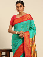 Silk Blend Muniya Paithani Saree – Muniya & Flower Meena Butti with Peacock & Muniya Pallu | Wedding Wear