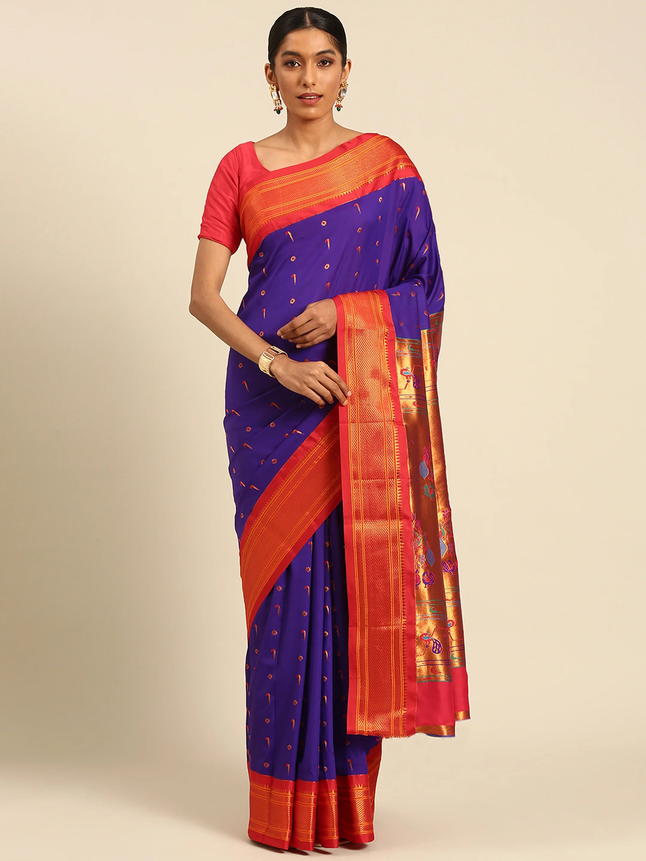 Silk Blend Muniya Paithani Saree – Muniya & Flower Meena Butti with Peacock & Muniya Pallu | Wedding Wear