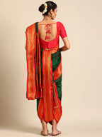 Maharani Nauvari Paithani saree silk blend 9 yard Kashta saree in bottle green and red - back view showing pallu and border