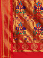 Pallu design of Maharani Nauvari Paithani saree silk blend 9 yard Kashta saree in bottle green and red with traditional Paithani motifs