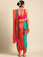 Maharani Nauvari Paithani saree silk blend 9 yard Kashta saree in chintamani and pink - back view showing pallu and border