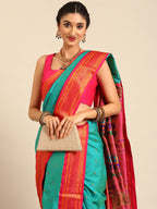 Closeup of Maharani Nauvari Paithani saree silk blend 9 yard Kashta saree in chintamani and pink with Paithani design details