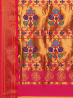 Pallu design of Maharani Nauvari Paithani saree silk blend 9 yard Kashta saree in chintamani and pink with traditional Paithani motifs