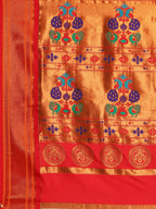Pallu design of Maharani Nauvari Paithani saree silk blend 9 yard Kashta saree in chintamani and red with traditional Paithani motifs