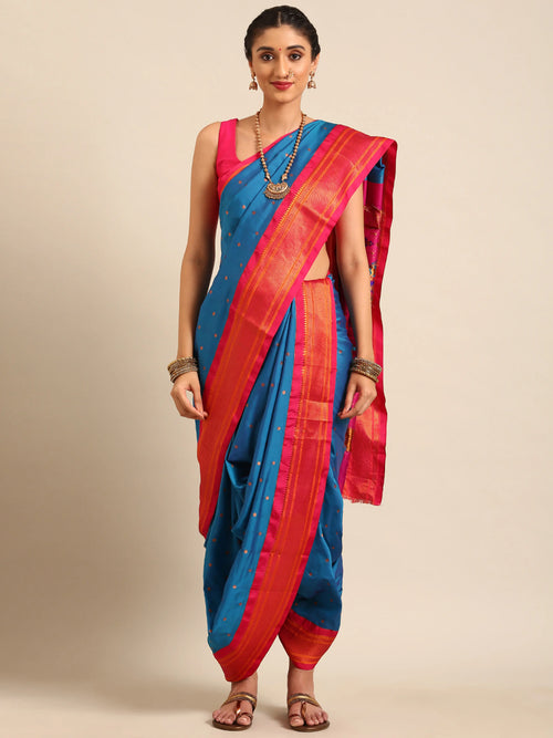 Maharani Nauvari Paithani saree silk blend 9 yard Kashta saree in firozi and pink - front view for wedding wear