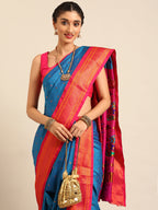 Closeup of Maharani Nauvari Paithani saree silk blend 9 yard Kashta saree in firozi and pink with Paithani design details