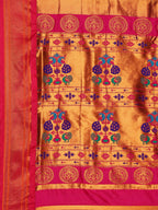 Pallu design of Maharani Nauvari Paithani saree silk blend 9 yard Kashta saree in firozi and pink with traditional Paithani motifs