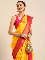 Closeup of Maharani Nauvari Paithani saree silk blend 9 yard Kashta saree in gold and pink with Paithani design details