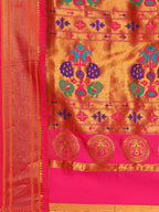 Pallu design of Maharani Nauvari Paithani saree silk blend 9 yard Kashta saree in gold and pink with traditional Paithani motifs
