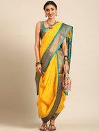 Maharani Nauvari Paithani saree silk blend 9 yard Kashta saree in gold and rama - front view for wedding wear