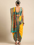 Maharani Nauvari Paithani saree silk blend 9 yard Kashta saree in gold and rama - back view showing pallu and border
