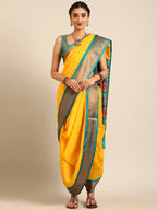 Maharani Nauvari Paithani saree silk blend 9 yard Kashta saree in gold and rama - styled look for wedding and festive wear