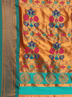 Pallu design of Maharani Nauvari Paithani saree silk blend 9 yard Kashta saree in gold and rama with traditional Paithani motifs