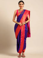 Maharani Nauvari Paithani saree silk blend 9 yard Kashta saree in indigo blue and pink - front view for wedding wear