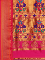 Pallu design of Maharani Nauvari Paithani saree silk blend 9 yard Kashta saree in indigo blue and pink with traditional Paithani motifs
