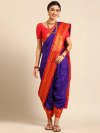 Maharani Nauvari Paithani saree silk blend 9 yard Kashta saree in indigo blue and red - front view for wedding wear