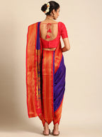 Maharani Nauvari Paithani saree silk blend 9 yard Kashta saree in indigo blue and red - back view showing pallu and border