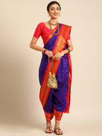Maharani Nauvari Paithani saree silk blend 9 yard Kashta saree in indigo blue and red - styled look for wedding and festive wear